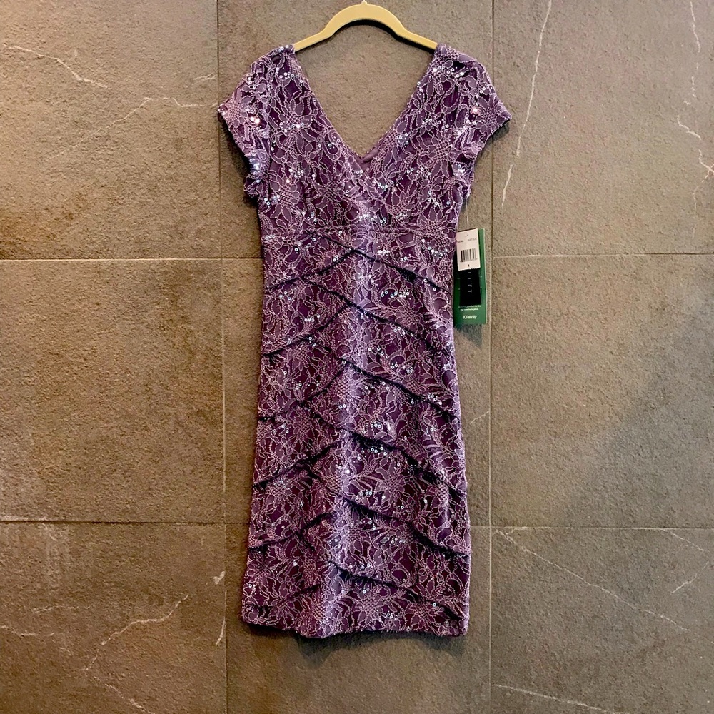 💜HP💜 NWT SCARLETT by JC Penney Lilac Lacy Tiered Sequin stretch dress size 6